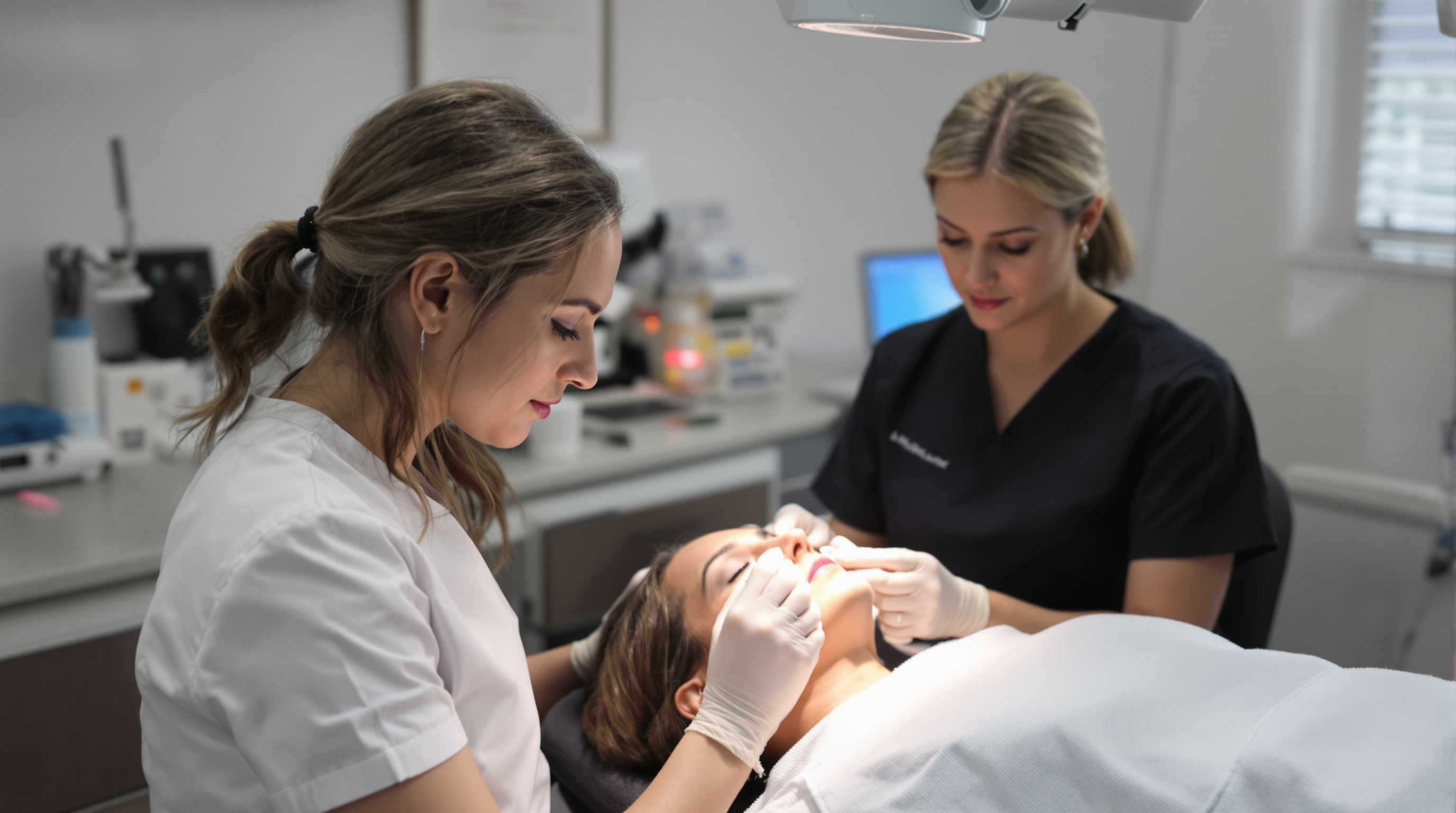 A gloved clinician gently assessing beneath a calm patient's lower eyelid in a bright clinic