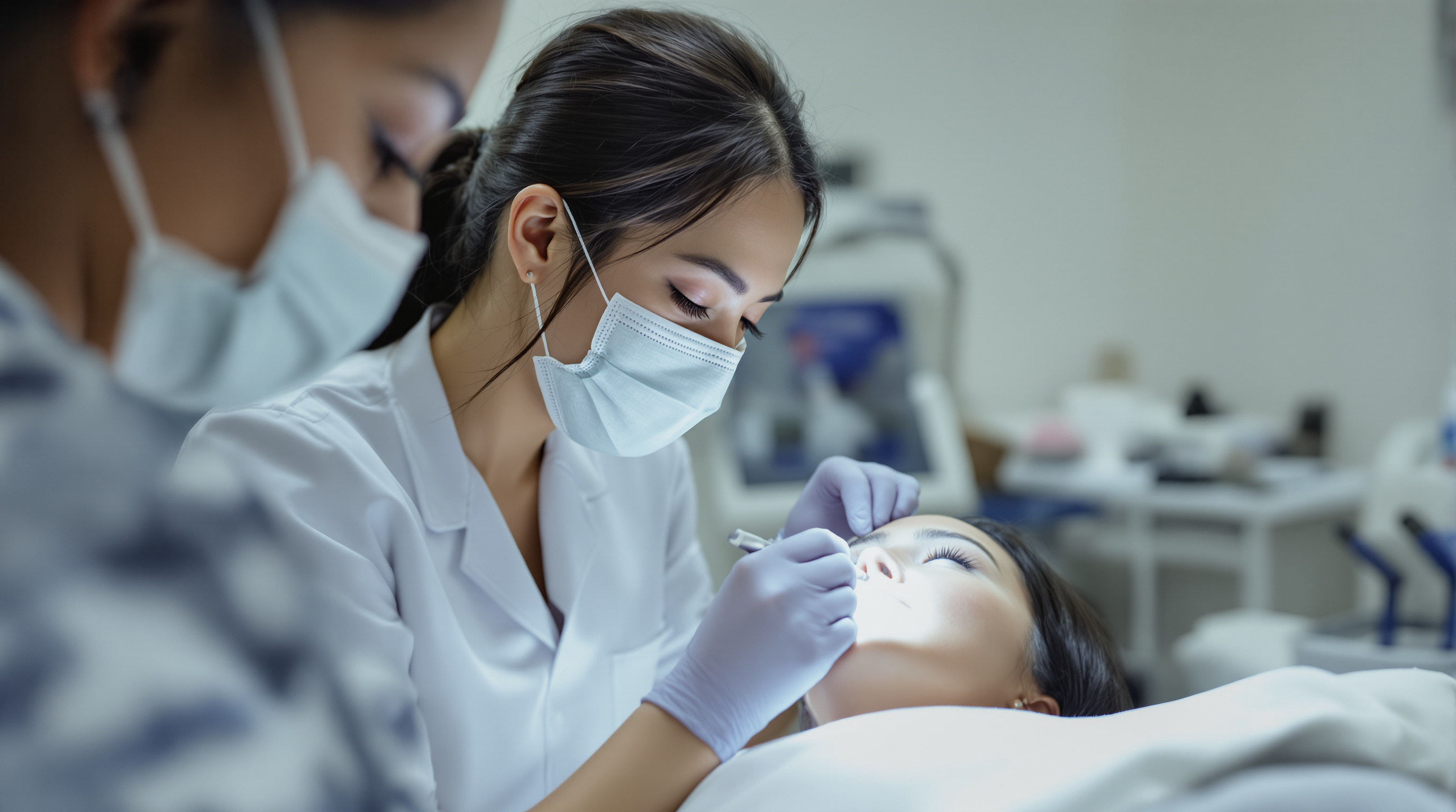 A gloved aesthetic clinician examining a patient's under-eye in a bright clinic